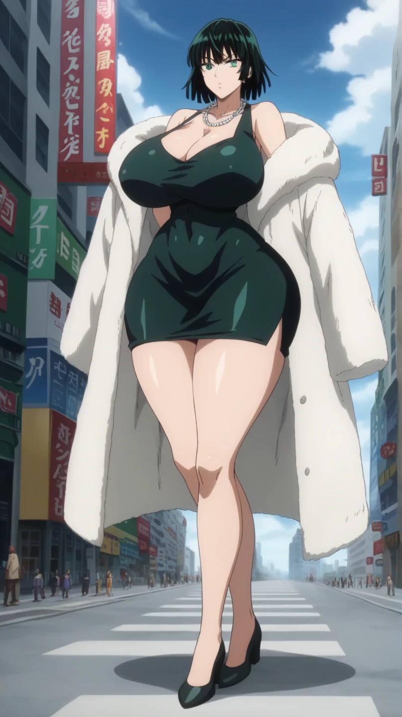 Fubuki,one punch man,city,perfect body,large breast,detailed face,green eyes,Prompt: (huge gigantic super mega hyper:1.3),(biggest round giant massive :1.3),perfect lighting,big ass,black dress,dress,fur coat,high collar,jewelry,necklace,off shoulder,taut clothes,taut dress,,collapse face,stomach distension,large penis,venous penis,source_anime,masterpiece,best quality,highres,absurdres,official art,official style,source_anime,anime screencap,anime coloring,megami magazine,anime,animated,explicit, shiny skin,