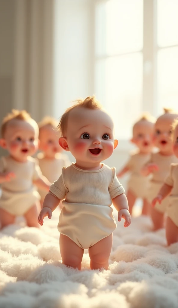 A baby crawls into an auditorium Packed with adults who are also babies all crawling around cooing and getting into mischief 