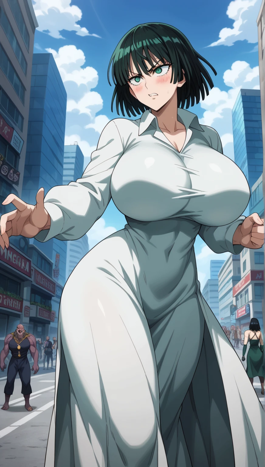 front view,dress, background monsters,aura, monster attack, angry, monsters,fighting monsters, Prompt: (huge gigantic super mega hyper:1.3),(biggest round giant massive :1.3), (only one women) ,city,sexy poses, source_anime,masterpiece,best quality,highres,absurdres,official art,official style,source_anime,anime screencap,anime coloring,megami magazine,anime,animated,explicit, shiny skin,large breasts,  black hair , fubuki ,one punch man,blush, side, on side,   fubuki,