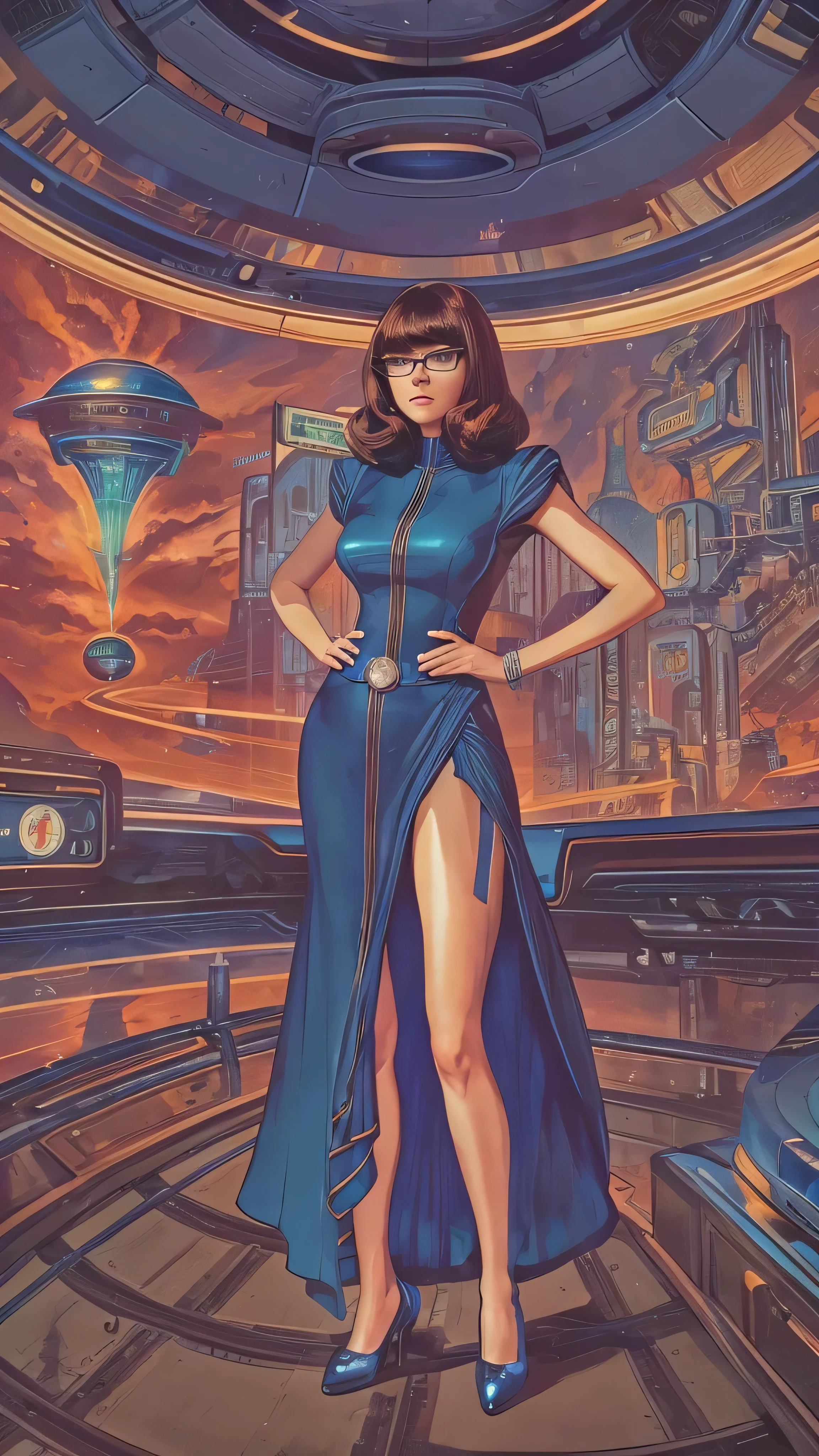 Arafed image of a woman in a dark blue dress standing in front of a person 々Arafed image standing in front of, 70s Sci-Fi Art, Attractive brown-haired woman,  Movie Still Frames ,   Hyper Maximalist  , Promotional Rendering, By Menez, Cosmic Bjork,  steampunk from the side, Velma, Mars Attacks, Around 1970, cp2077  