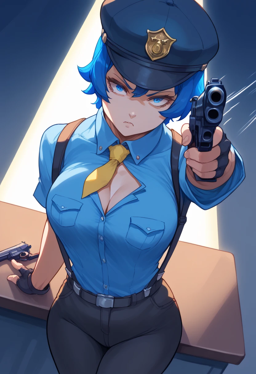 score_9, score_8_up, score_7_up, score_6_up, source_anime, b3llh3ng3, expressive eyes, perfect face, bloom, post-processing,
1 girl, naotodancing, blue hair, blue eyes, mature woman, curvy body, medium breasts, taxi driver hat, blue shirt, yellow tie, cleavage, suspenders, fingerless gloves, black pants, serious expression, determined eyes, holding a gun, ((aiming the gun)), motion blur, motion lines, diagonal overhead view, dynamic pose, perspective, action scene , BREAK, police station scene, ((dark lighting, backlight)), paperwork, desk