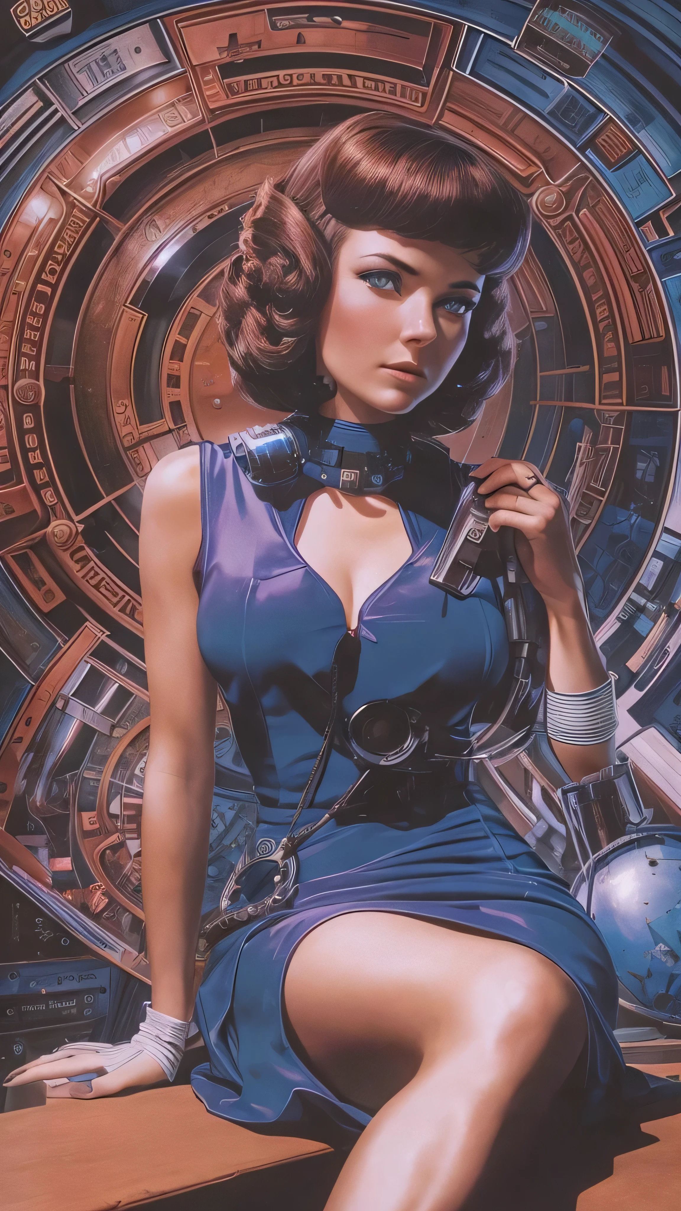 Arafed image of a woman in a dark blue dress standing in front of a person 々Arafed image standing in front of, 70s Sci-Fi Art, Attractive brown-haired woman,  Movie Still Frames ,   Hyper Maximalist  , Promotional Rendering, By Menez, Cosmic Bjork,  steampunk from the side, Velma, Mars Attacks, Around 1970, cp2077  