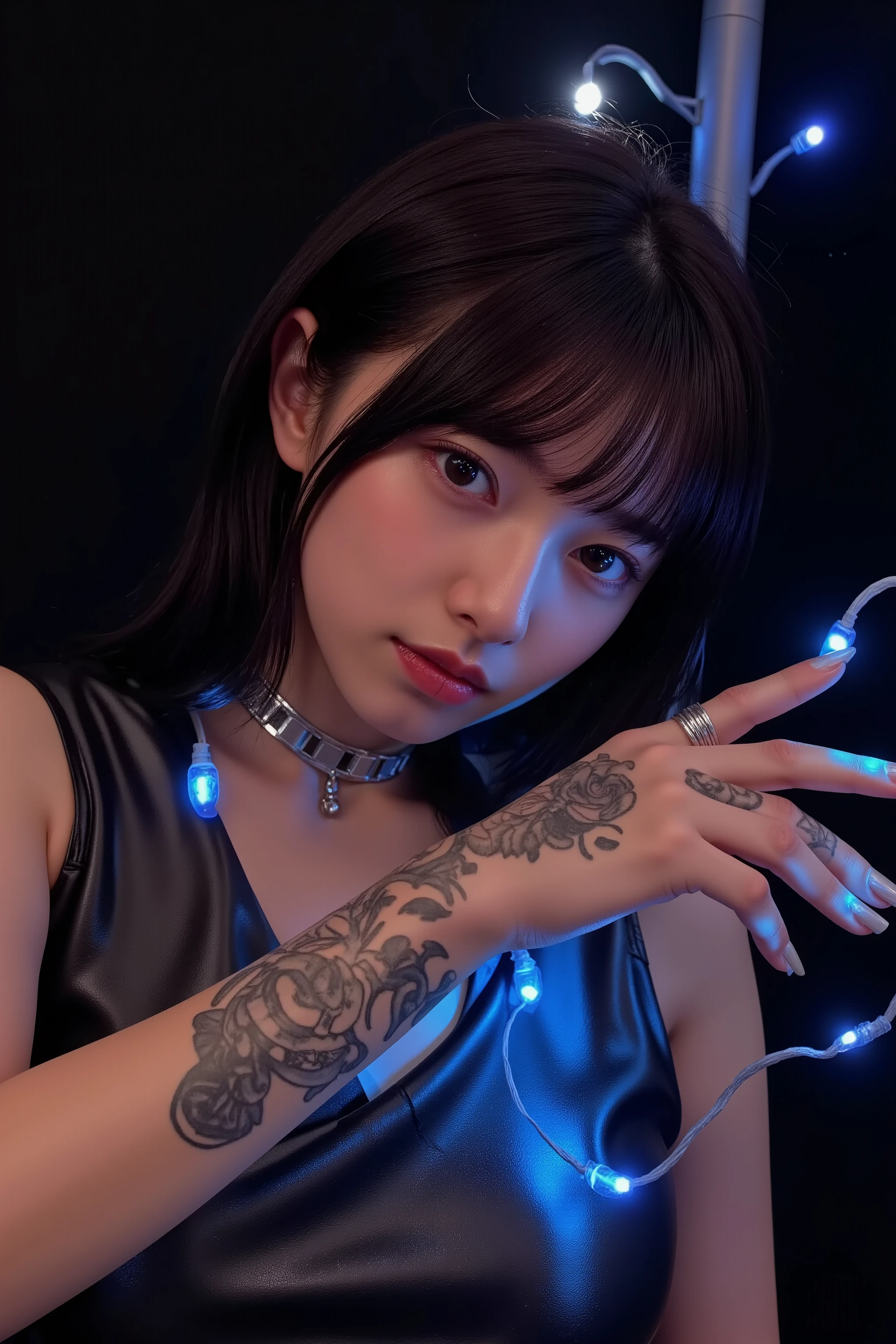 Beautiful school girl with tattoo looking at camera、Shortcut、 faces staring at from a crowd、Summer clothes、 Adolescence、 evening 、From the front、 portrait, 　 Tattooed Body, a woman wearing a black leotard is taking pictures,  black light on 、Smooth dark skin ,  black body ,　Cute  girl in a shiny black suit、 black background,　Cat ears,  Neck Choker ,  choker , (((Great tit、 flat  、 small shopping mall ))), ( glowing skin:1.5), , latex Shiny, Wearing a latex costume,  Tight Suit , High-quality gloss metallic skin、​masterpiece、 super A high resolution、( Photorealistic :1.4)、 RAW photos 、 girl1人、Brown Hair、 glowing skin、one mechanical girl、((  Ultra Realistic Details  ))、 portrait、globalillumination、shadow、 octane rendering、8k、 ultra sharp 、Metal、 intricate decorative details 、More about Japan、 VERY COMPLEX DETAILS、、 CGSoation Trends、 Earth around glowing brown eyes 、 facing camera 、Neon Details、Fully  Tattooed Body,、Small LED Lamp、(1 girl eyes looking at viewer:1.55), ( medium hair, Brown Hair, Parting:1.45), (Bokeh),　  girl