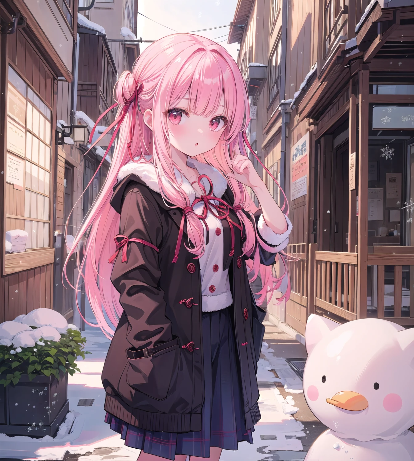 (masterpiece, Highest quality:1.2),Alone,One person, Kotonoha Akane,((Hair Ribbon;1.4)),Wear a warm coat:1.3,Perfect composition,((雪:1.2)),white breath,Hair Ribbon paper,Pink Hair