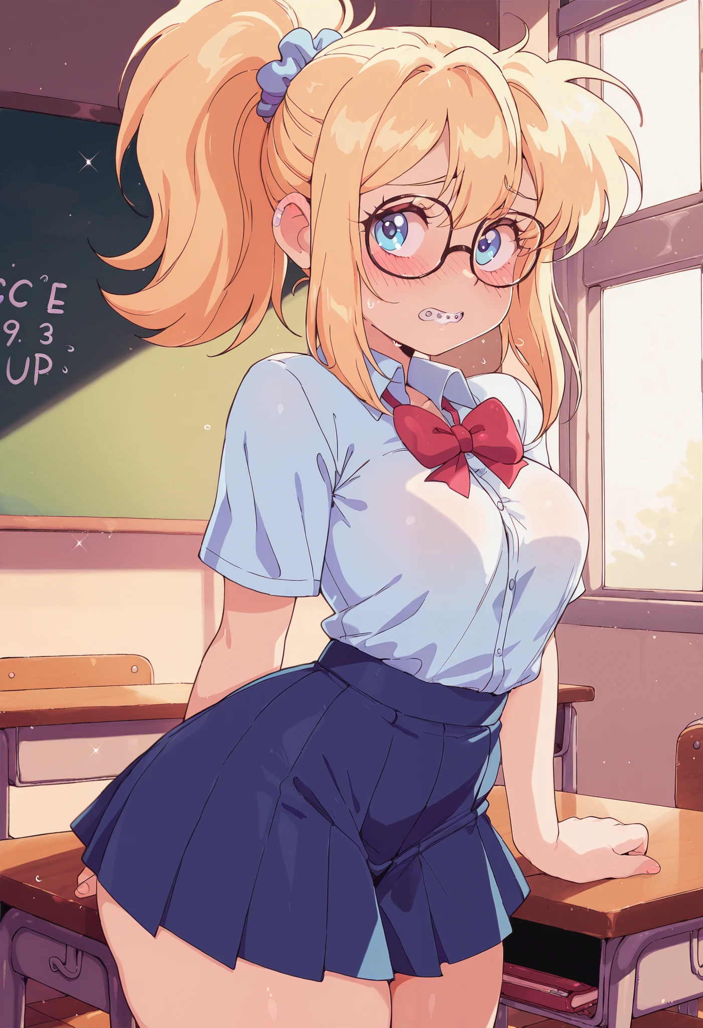 score_9, score_8_up, score_7_up, score_6_up, Bl3th3bn3_Styl3_SKNSFW, masterpiece, best quality, 1girl, blue eyes, blonde, ponytail, nerd, braces, glases, shy, school uniform shirt skirt, classroom
