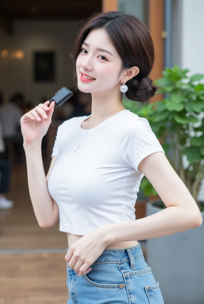 . The image is a digital graphic of a Thai woman. ,White skin and brown hair ,  with short hair and hair tie,Looking with a neutral face color . Smiling, seeing white teeth,, facial features including black eyes and a slight smile.. The background is a cafe, focusing attention on her face,, wearing a cropped T-shirt, round neck, short sleeves, white , Short Pencil Blue Denim Skirt, wearing white sneakers ,Random Pose ,Standing posture,Put the earrings in a circular loop.