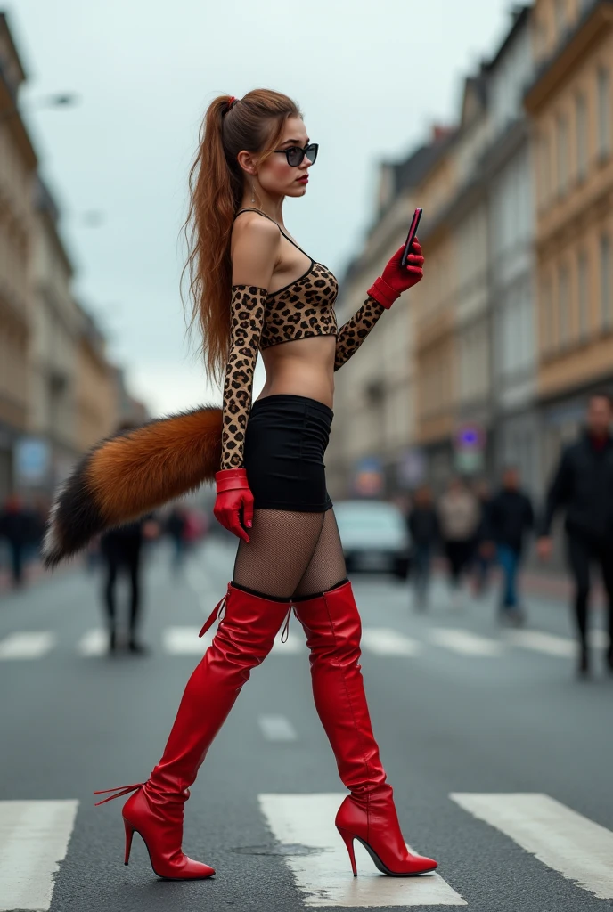 ((Highest quality, 8k)), ((masterpiece)), (Highest Resolution), Perfect Face, Fox Woman, Beautiful woman, public, Has one tail, She has thick thighs, a large tail, She has a red fox tail, She wags her tail, smile, fur collar, She is wearing a short business suit, Beautiful Hips, A tail sticking out from a hole in his pants