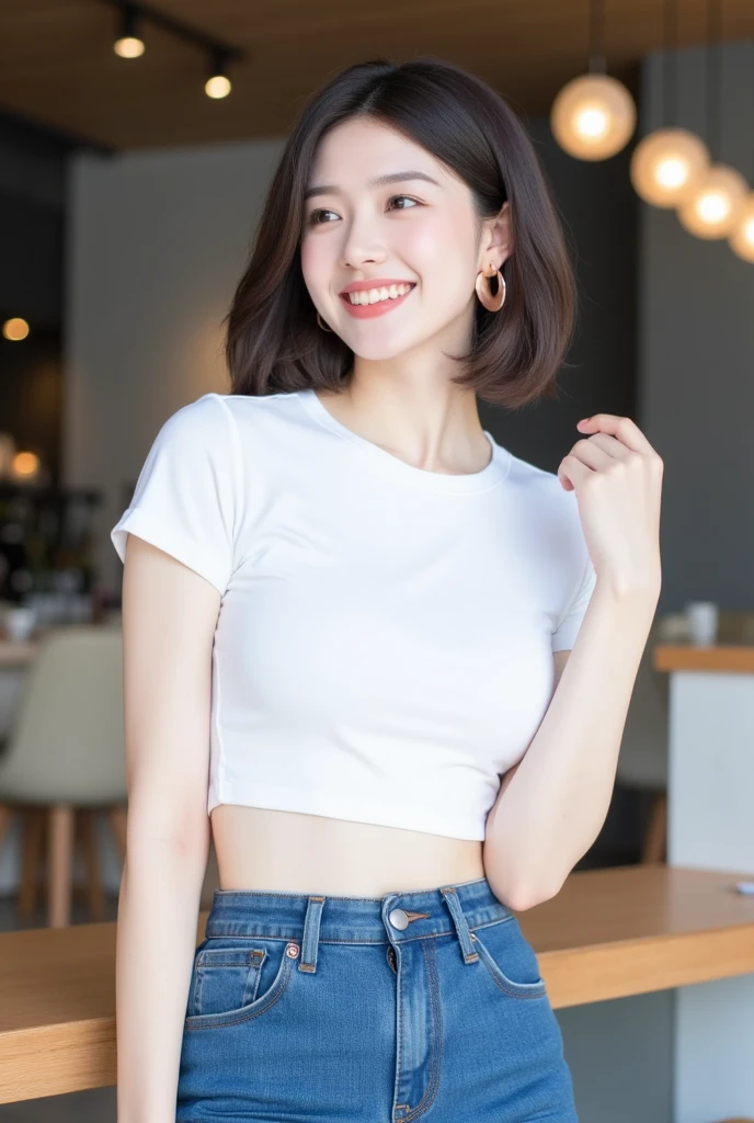 . The image is a digital graphic of a Thai woman. ,White skin and brown hair , Short hair patted and tied,Looking with a neutral face color . Smiling, seeing white teeth,, facial features including black eyes and a slight smile.. The background is a cafe, focusing attention on her face,, wearing a cropped T-shirt, round neck, short sleeves, white , Short Pencil Blue Denim Skirt, wearing white sneakers ,Random Pose ,Standing posture,Put the earrings in a circular loop.