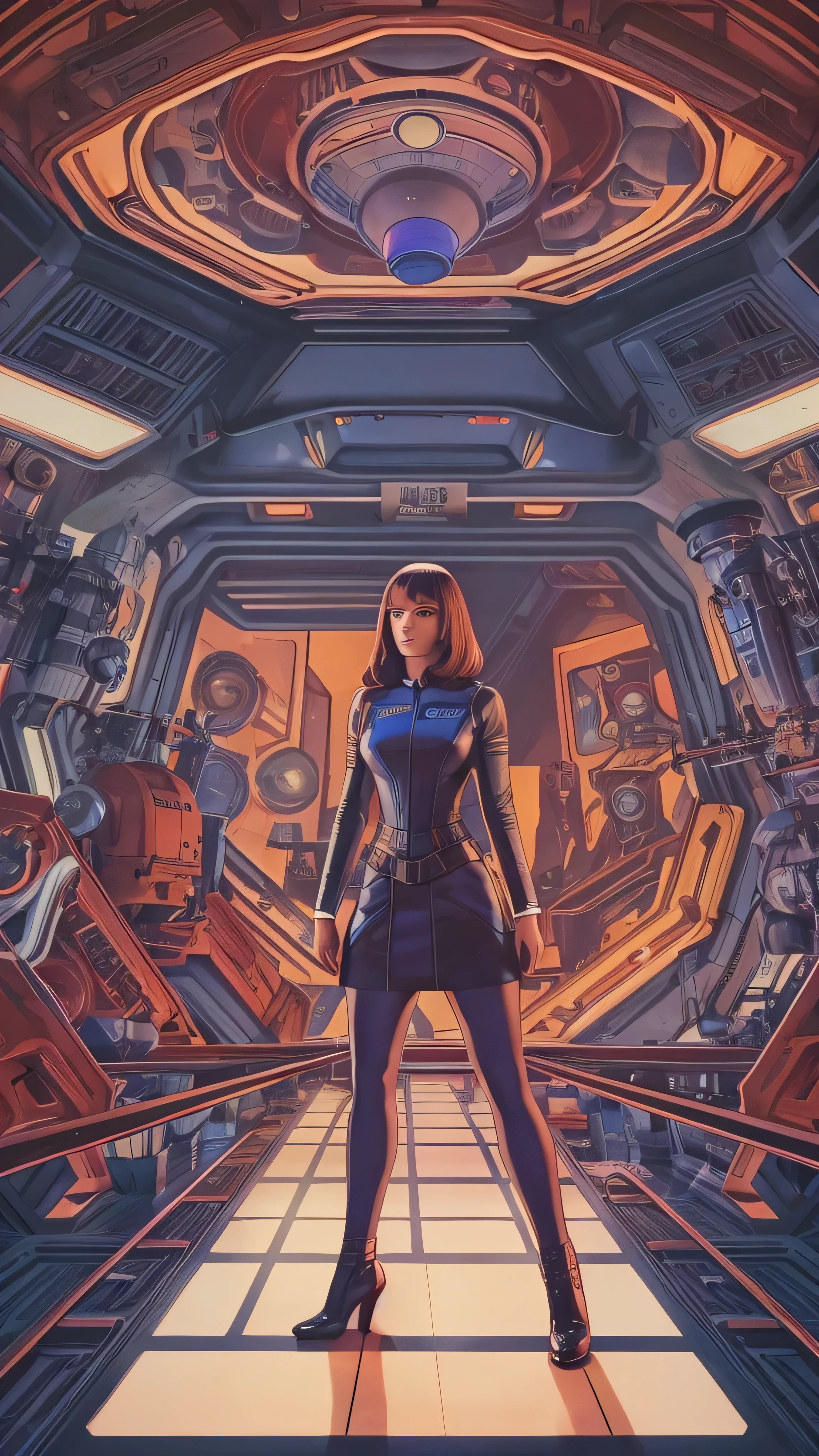 Arafed image of a woman in a dark blue dress standing in front of a person 々Arafed image standing in front of, 70s Sci-Fi Art, Attractive brown-haired woman,  Movie Still Frames ,   Hyper Maximalist  , Promotional Rendering, By Menez, Cosmic Bjork,  steampunk from the side, Velma, Mars Attacks, Around 1970, cp2077  