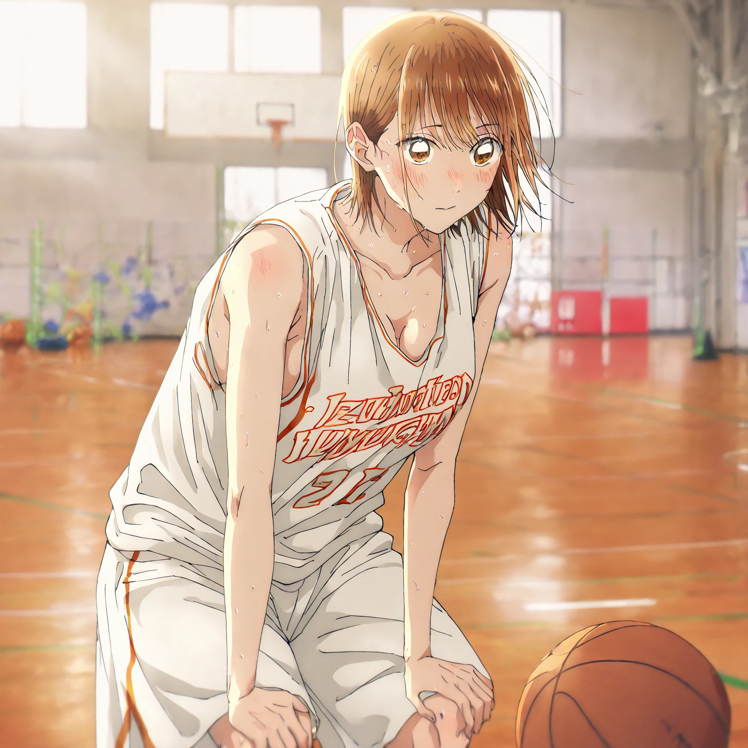       1 girl, Alone, Chinatsu,     Blurred Background,       brown eyes、       basketball uniform with a basketball in one hand 、  shirtless in the lobby、NSFW、      tank top 、Bibs、 Inside is black 、naked 、  Skindent 、   large areolas supporting breasts 、      lean forward     、   put your hands on your knees、      small 、belly button、Gym、       basketball only      、    viewers, masterpiece,  top quality,       High Quality     ,             very aesthetic         ,       absurd、(       sleeveless 、  basketball only      、side、side汗、   blush、 sweaty、Raise your face  、    dribble、Move)、execution、     hopeless、      sweated、In motion、 basketball ring      