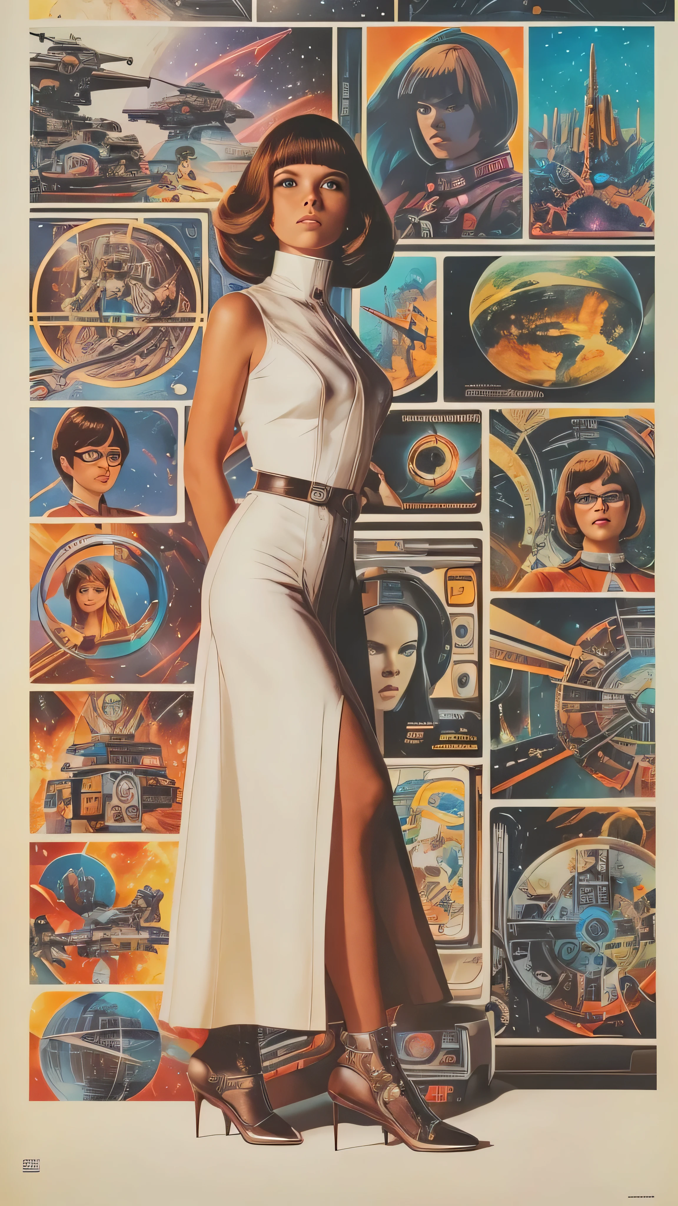 A woman in a white dress々Arafed image standing in front of, 70s Sci-Fi Art, Attractive brown-haired woman,  Movie Still Frames ,   Hyper Maximalist  , Promotional Rendering, By Menez, Cosmic Bjork,  steampunk from the side, Velma, Mars Attacks, Around 1970, cp2077  