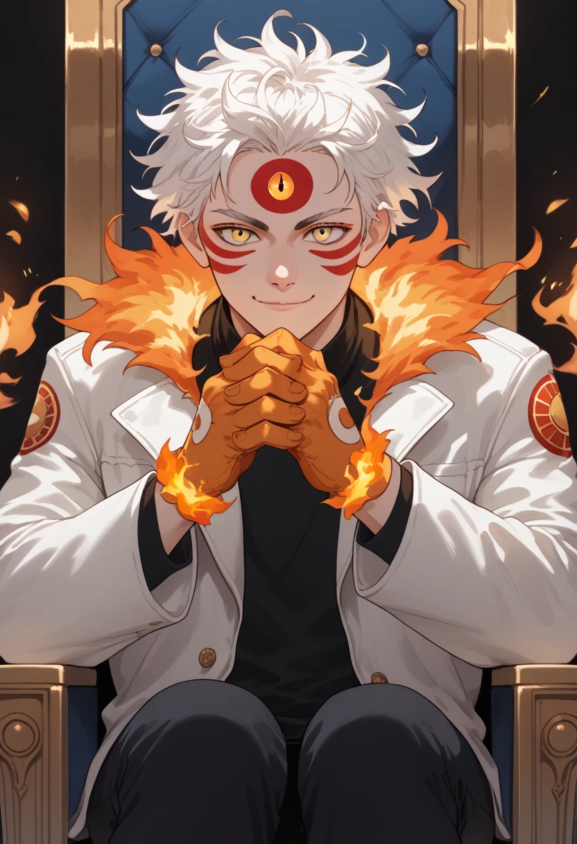 man, fire hair, white skin, red face paint, anime style, fire powers, yellow eyes, white hair, cat-like third eye on forehead, orange hands, closed-mouth smile, messy hair, light white jacket, black top underneath, sitting on a throne, hands covered in fire