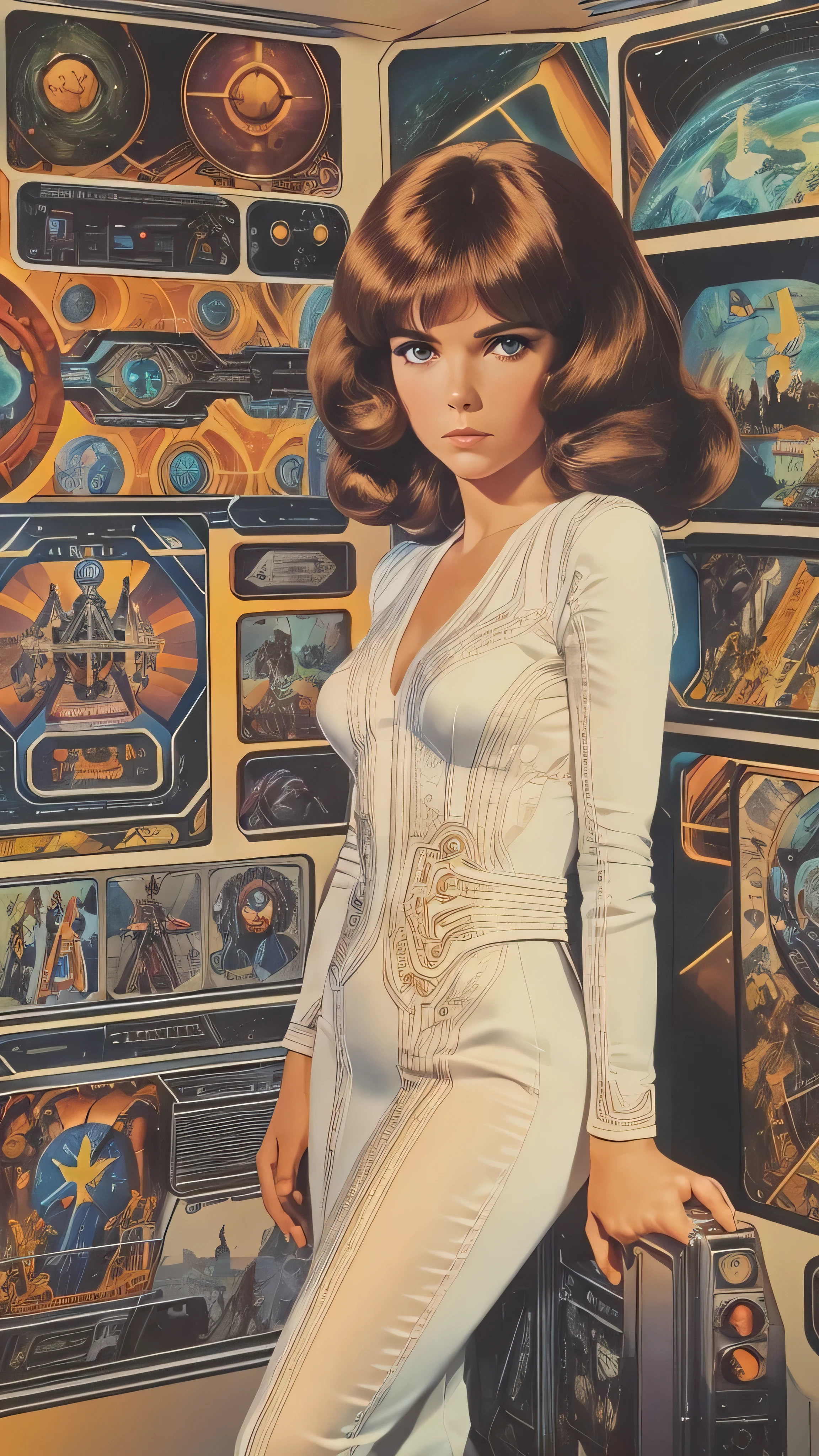 A woman in a white dress々Arafed image standing in front of, 70s Sci-Fi Art, Attractive brown-haired woman,  Movie Still Frames ,   Hyper Maximalist  , Promotional Rendering, By Menez, Cosmic Bjork,  steampunk from the side, Velma, Mars Attacks, Around 1970, cp2077  