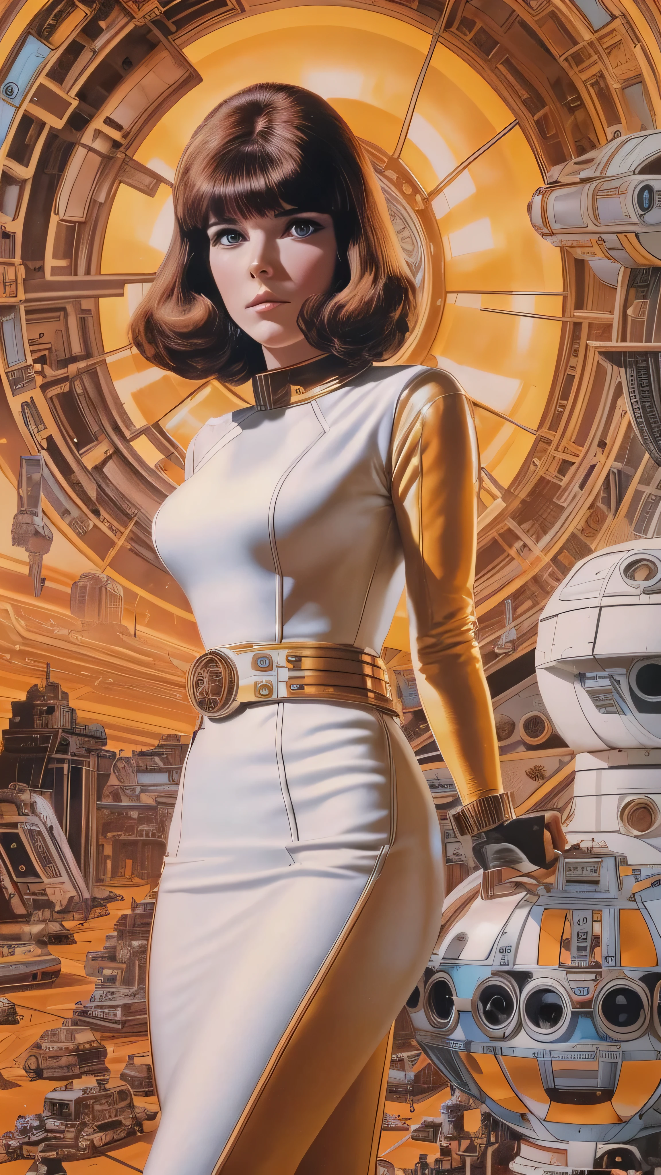 A woman in a white dress々Arafed image standing in front of, 70s Sci-Fi Art, Attractive brown-haired woman,  Movie Still Frames ,   Hyper Maximalist  , Promotional Rendering, By Menez, Cosmic Bjork,  steampunk from the side, Velma, Mars Attacks, Around 1970, cp2077  