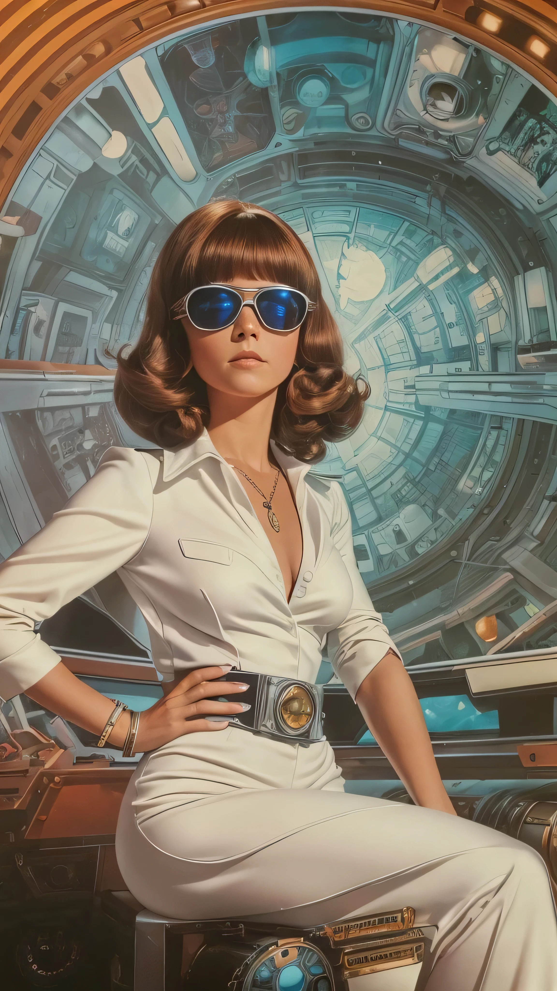 A woman in a white dress々Arafed image standing in front of, 70s Sci-Fi Art, Attractive brown-haired woman,  Movie Still Frames ,   Hyper Maximalist  , Promotional Rendering, By Menez, Cosmic Bjork,  steampunk from the side, Velma, Mars Attacks, Around 1970, cp2077  