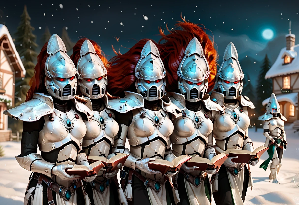 4girls, standing side-by-side, eldar, long red hair, white armor, helmet:1.5, howling banshee, rune, obscured face, mask, aeldari-il, armor, helmet, red eyes, glowing eyes, holding books, singing, shoulder to shoulder, christmas village, snow, outdoors, night