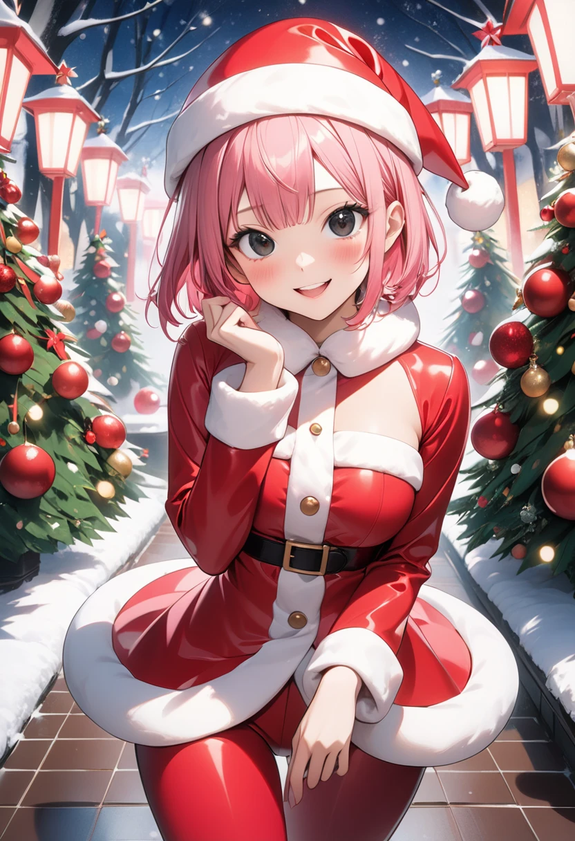 1girl, solo, masterpiece, best quality, high res, highly detailed, (illustration), beautiful detailed eyes, Hortensia \(Fire Emblem: Engage\) ,glossy lips, makeup, smile, long white elbow gloves, cowboy shot, (santa), red santa dress, santa hat, strapless dress, white elbow gloves