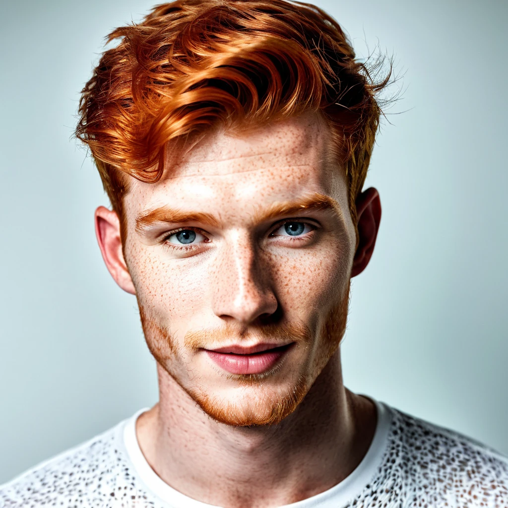 score_9,score_8_up,score_7_up,  photo \(medium\), photorealism, portrait photo of a handsome 25 yo redhead male model, freckles, hyperdetailed, hyperrealism, skin details, cinematic shot, determined look, charming, flirting, naughty smile, fashion photoshootm, hyperdetailed photography, looking at viewer