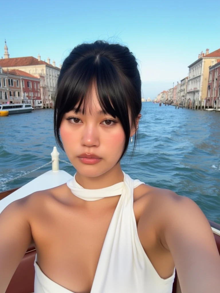 The image is a selfie of a young woman on a boat in Venice, Italy. She is wearing a white halter top with a low neckline and her hair is styled in a sleek updo with bangs. The woman is looking directly at the camera with a serious expression on her face. The boat is on the water, and in the background, there are several buildings and boats on the canal. The sky is blue and the water is calm, creating a peaceful and serene atmosphere.