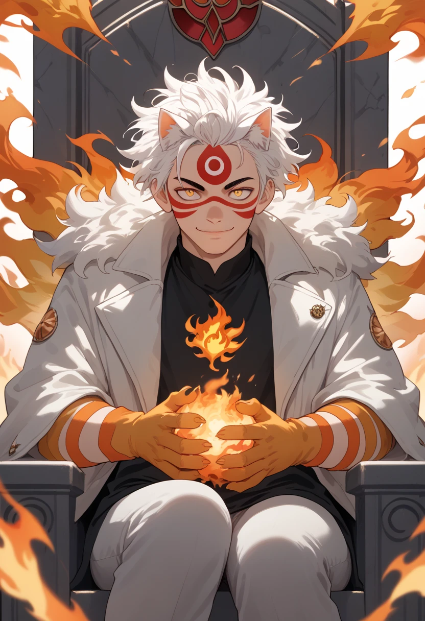 man, fiery hair, white skin, red face paint, anime style, fire powers, yellow cat eyes, white hair, cat-like third eye on forehead, orange hands, closed-mouth smile, messy hair, light white jacket, black top underneath, sitting on a throne, hands covered in fire