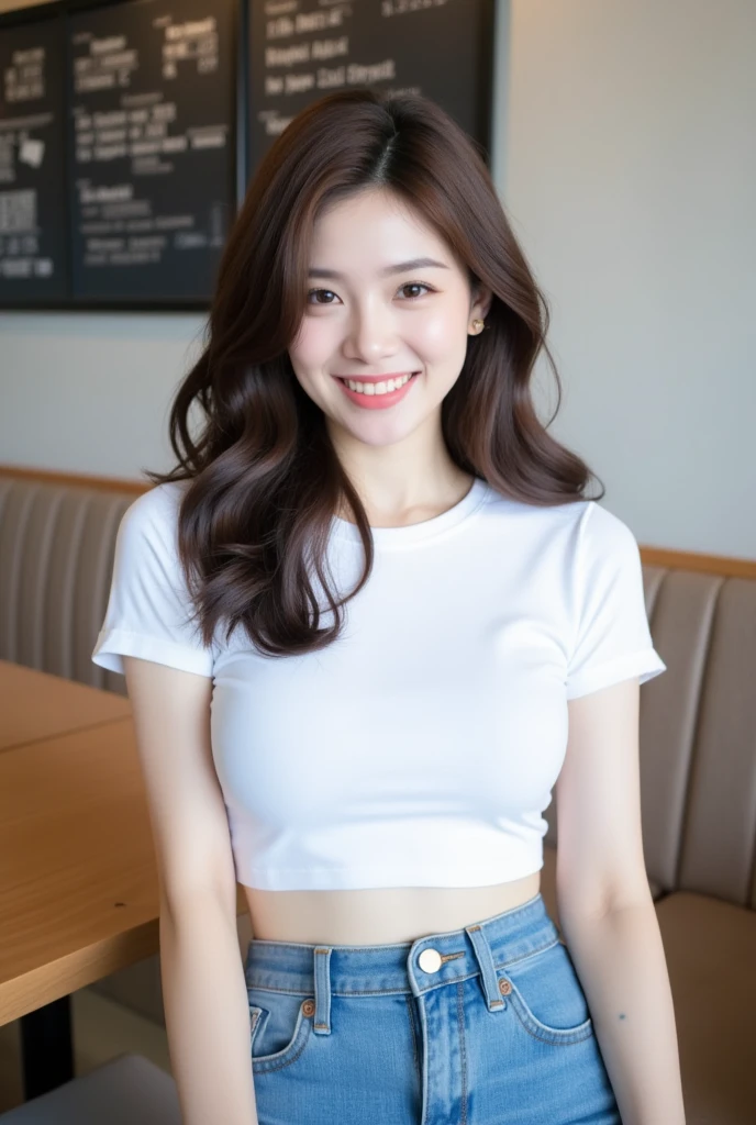 . The image is a digital graphic of a Thai woman. ,White skin and brown hair , Looking with a neutral face color . Smiling, seeing white teeth,, facial features including black eyes and a slight smile.. The background is a cafe, focusing attention on her face,, wearing a cropped T-shirt, round neck, short sleeves, white , Short Pencil Blue Denim Skirt, wearing white sneakers ,Random Pose ,Standing posture,