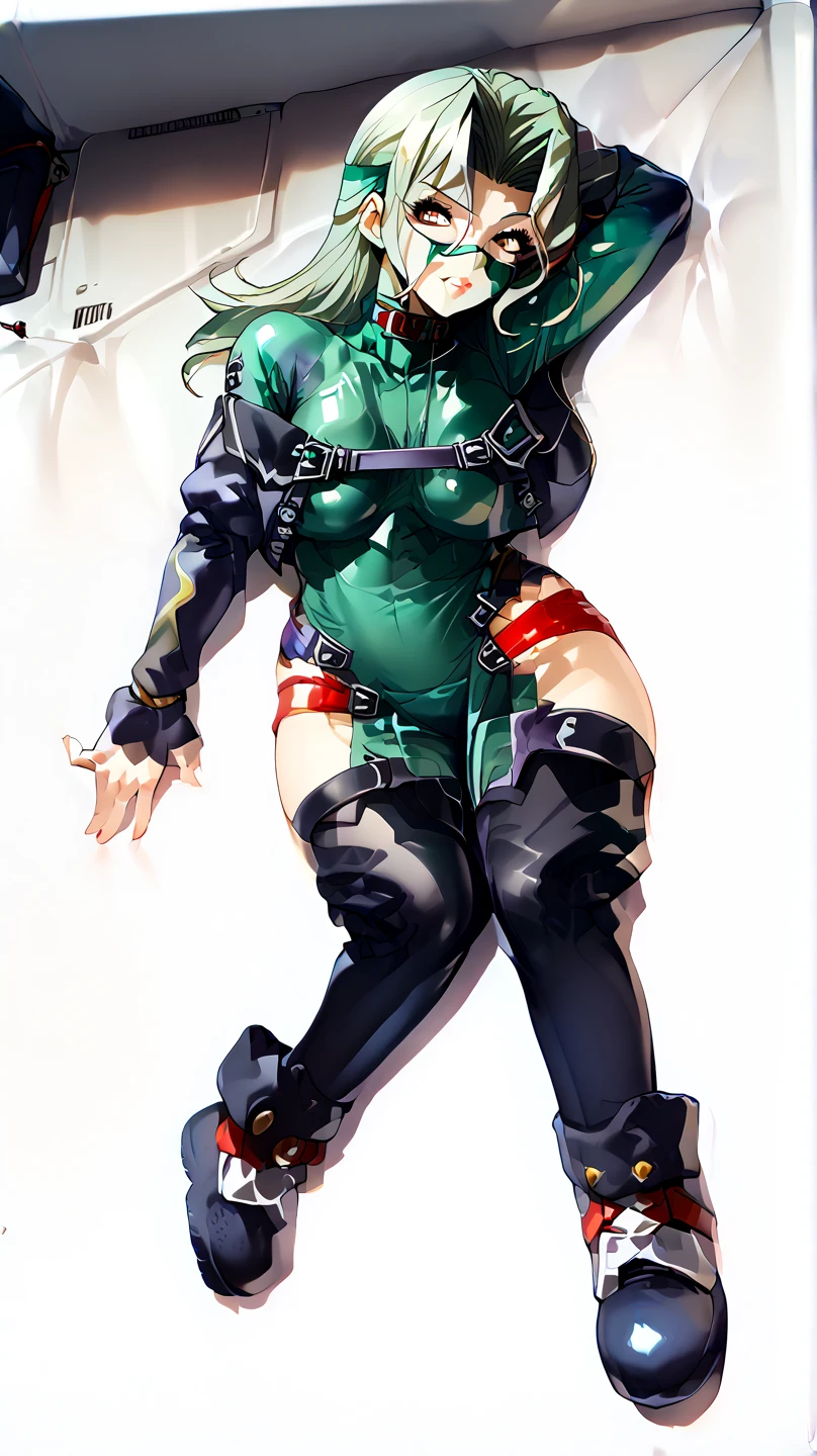 thick ninja mask  skin tight Green full body suit　 bed　            invited position  sexy　                          
 showing private parts 　 open thighs　 　　　M-shaped legs　                      
   ecstatic expression　
lamia loveless