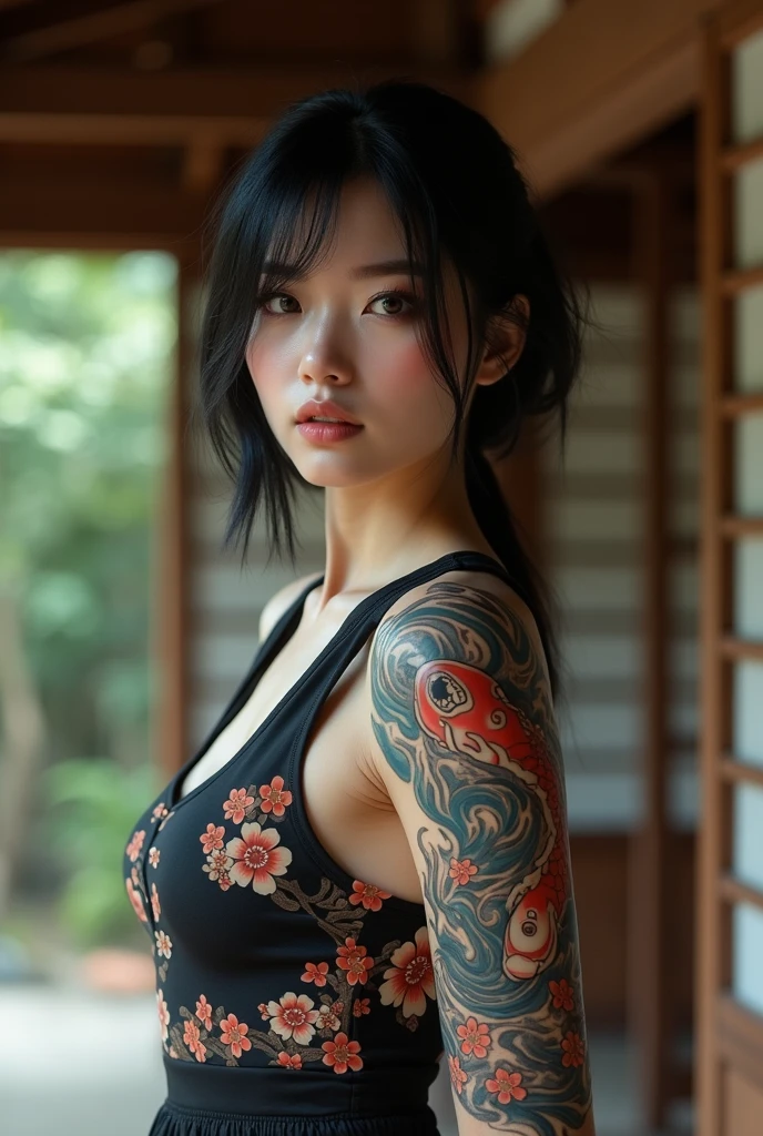 Anime-style woman, thin, thin, whole body, Full of tattoos, Lots of earrings, Beautiful and shiny hair, Rainbow Eyes, Slanted Eyes, Wavy blue hair, Kind and charming, Expose your shoulders, Delicate and sexy collarbone, Attractive oval face, double eyelid, Pink Lips, Small Nose, Concentrated face, Ultra-high resolution, Very detailed, Graceful posture, Nice, ultra-thin, Hawaiian tattoo body paint, Glowing Skin, Realistic Background, sunlight