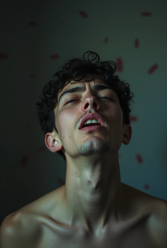 (best quality,4k,8k,highres,masterpiece:1.2),ultra-detailed,realistic, HDR,UHD, extreme detail description, professional, vivid colors, bokeh, portraits, dark, warm color tone, dramatic lighting, shirtless 18 year old boy, Muscles,Moustache, ropes, Crucified to wall, Both arms tied up