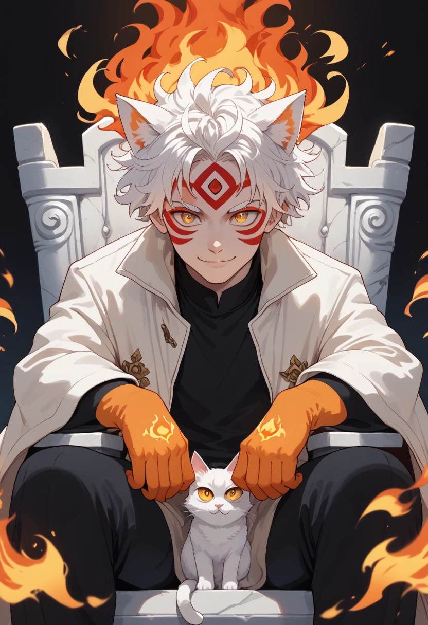 man, fiery hair, white skin, red face paint, anime style, fire powers, yellow cat eyes, white hair, cat-like third eye on forehead, orange hands, closed-mouth smile, messy hair, light white jacket, black top underneath, sitting on a throne, hands covered in fire, kitsune