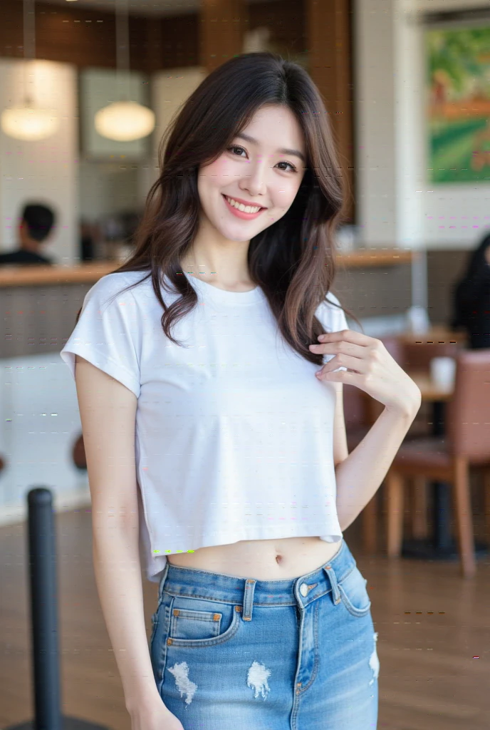 . The image is a digital graphic of a Thai woman. ,White skin and brown hair , Looking with a neutral face color . Smiling, seeing white teeth,, facial features including black eyes and a slight smile.. The background is a cafe, focusing attention on her face,, wearing a cropped T-shirt, round neck, short sleeves, white , Short Pencil Blue Denim Skirt, wearing white sneakers ,Random Pose ,Standing posture,