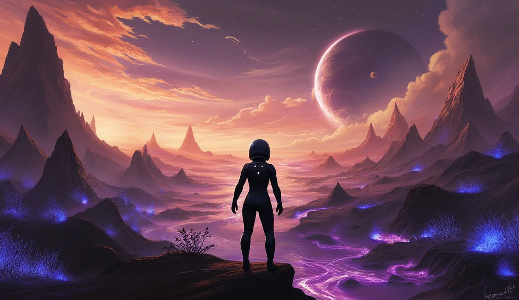 On the surface of an alien planet, a full-body view of a woman stands amidst a breathtaking and surreal sci-fi landscape. She is clad in a sleek, futuristic spacesuit adorned with subtle, glowing accents that pulse softly in the dim light. The terrain around her is otherworldly, with jagged crystalline formations, bioluminescent plants casting an ethereal glow, and rivers of iridescent liquid winding through the rocky ground. Above, a turbulent sky filled with swirling, multicolored clouds and twin moons adds to the planet’s mystique. In the distance, colossal alien structures rise, their designs intricate and seemingly alive, emanating a faint hum. The woman stands still, gazing at the horizon, her helmet’s visor reflecting the alien world's vivid colors. The scene is cinematic, blending awe-inspiring beauty with the quiet tension of the unknown.