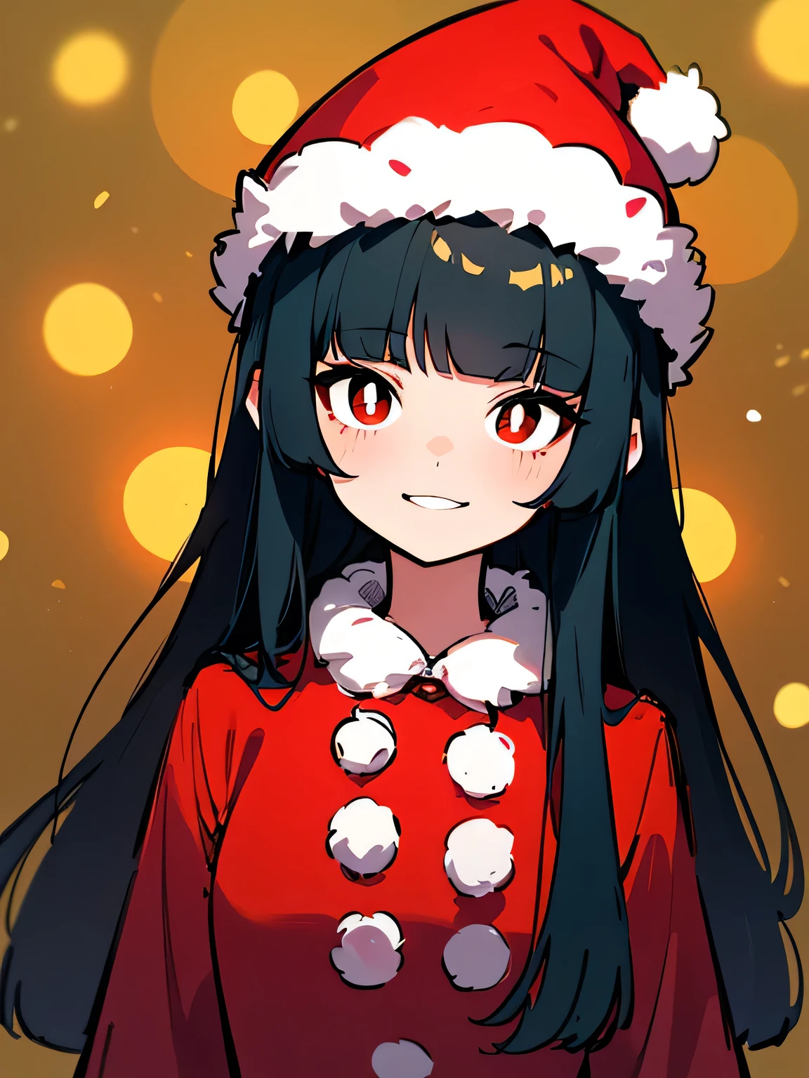 dutch angle,( chibi),Alone,18years old, upperbody ,pokemon sabrina, black hair, long hair, bangs, (blunt bangs:1.5), (red eyes:1.5), hime cut, sidelocks, (bright pupils:1.5), (white pupils:1.5),smile,( Christmas:1.3),( Santa Claus costume),( Santa Claus hat), carnival party,(manga style),(sketch),(illustration),