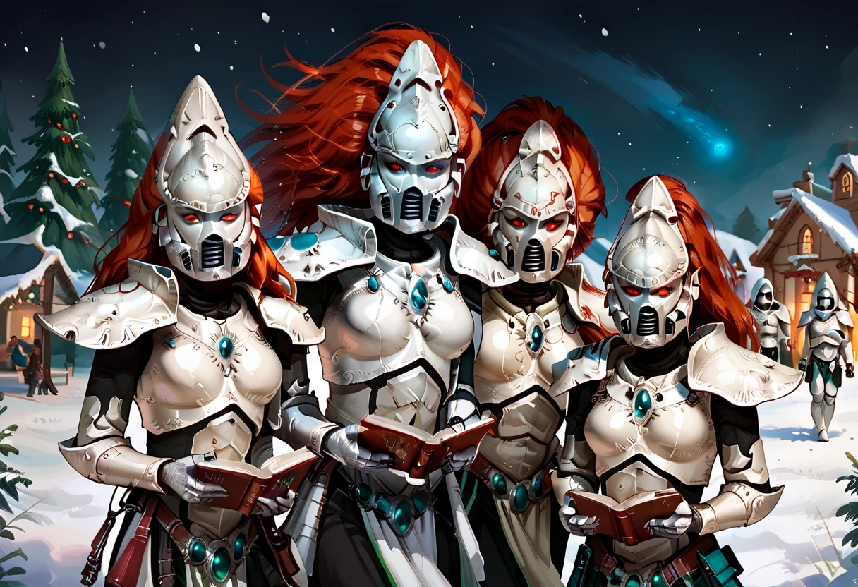 4girls, standing side-by-side, eldar, long red hair, white armor, helmet:1.5, howling banshee, rune, obscured face, mask, aeldari-il, armor, helmet, red eyes, glowing eyes, holding books, singing, shoulder to shoulder, christmas village, snow, outdoors, night