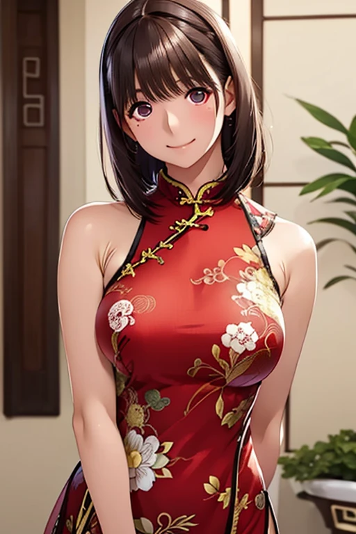 anegasaki nene、 shiny maroon hair ,  Shorthair, ( Pretty Brown Eyes 、 sparkling eyes , Fine grain)、smile、 super detailed eyes、Highly detailed faces,  very detailed eyes,(masterpiece:1.3), cowboy shot, (Only one woman, Alone)、


 ((( very beautiful 25 year old girl))),  cute girl、  take a look at the cameraman､  【Image Center,   Perfect Limbs ,  perfect anatomy,((( China Dress)))、(( see-through)), Sweaty,