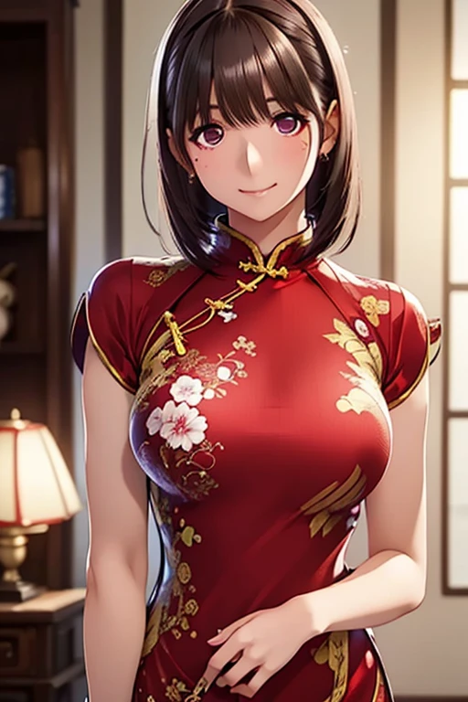 anegasaki nene、 shiny maroon hair ,  Shorthair, ( Pretty Brown Eyes 、 sparkling eyes , Fine grain)、smile、 super detailed eyes、Highly detailed faces,  very detailed eyes,(masterpiece:1.3), cowboy shot, (Only one woman, Alone)、


 ((( very beautiful 25 year old girl))),  cute girl、  take a look at the cameraman､  【Image Center,   Perfect Limbs ,  perfect anatomy,((( China Dress)))、(( see-through)), Sweaty,