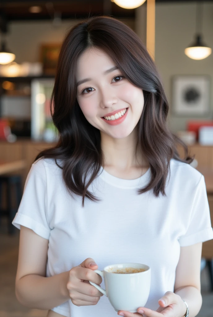 . The image is a digital graphic of a Thai woman. ,White skin and brown hair , Looking with a neutral face color . Smiling, seeing white teeth,, facial features including black eyes and a slight smile.. The background is a cafe, focusing attention on her face,, wearing a cropped T-shirt, round neck, short sleeves, white , Short Pencil Blue Denim Skirt, wearing white sneakers ,Random Pose ,Standing posture,