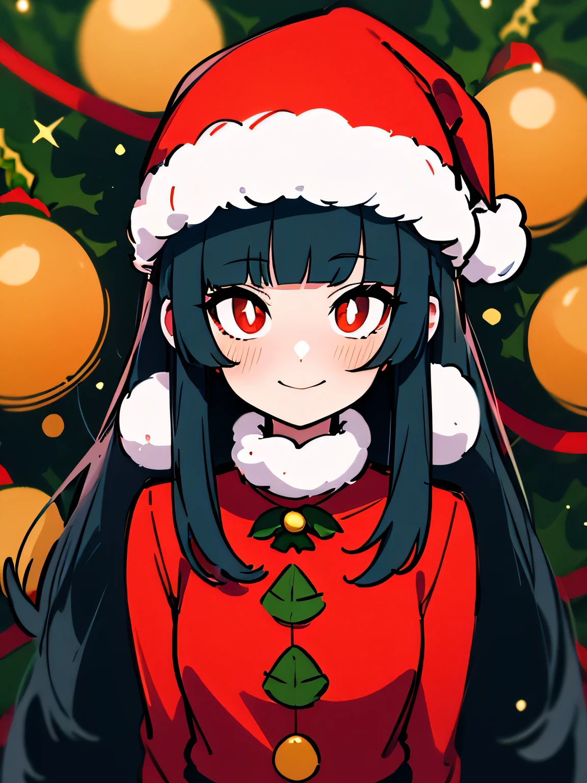 dutch angle,( chibi),Alone,18years old, upperbody ,pokemon sabrina, black hair, long hair, bangs, (blunt bangs:1.5), (red eyes:1.5), hime cut, sidelocks, (bright pupils:1.5), (white pupils:1.5),smile,( Christmas:1.3),( Santa Claus costume),( Santa Claus hat), carnival party,(manga style),(sketch),(illustration),