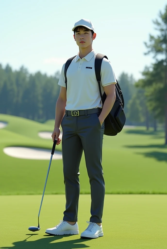 There was a boy holding a golf club in his hand， beautiful 3d render， Little boy playing golf， Portrait of a smiling little boy，dressed in a white t-shirt， Cute 3d anime boy rendering， Beautiful and detailed digital art， Explorer male mini cute boy， Stylized 3D rendering， 3D rendering of Zado 8K character art， beautiful digital painting， 3d anime style， Ultra-detailed rendering，Golf course background