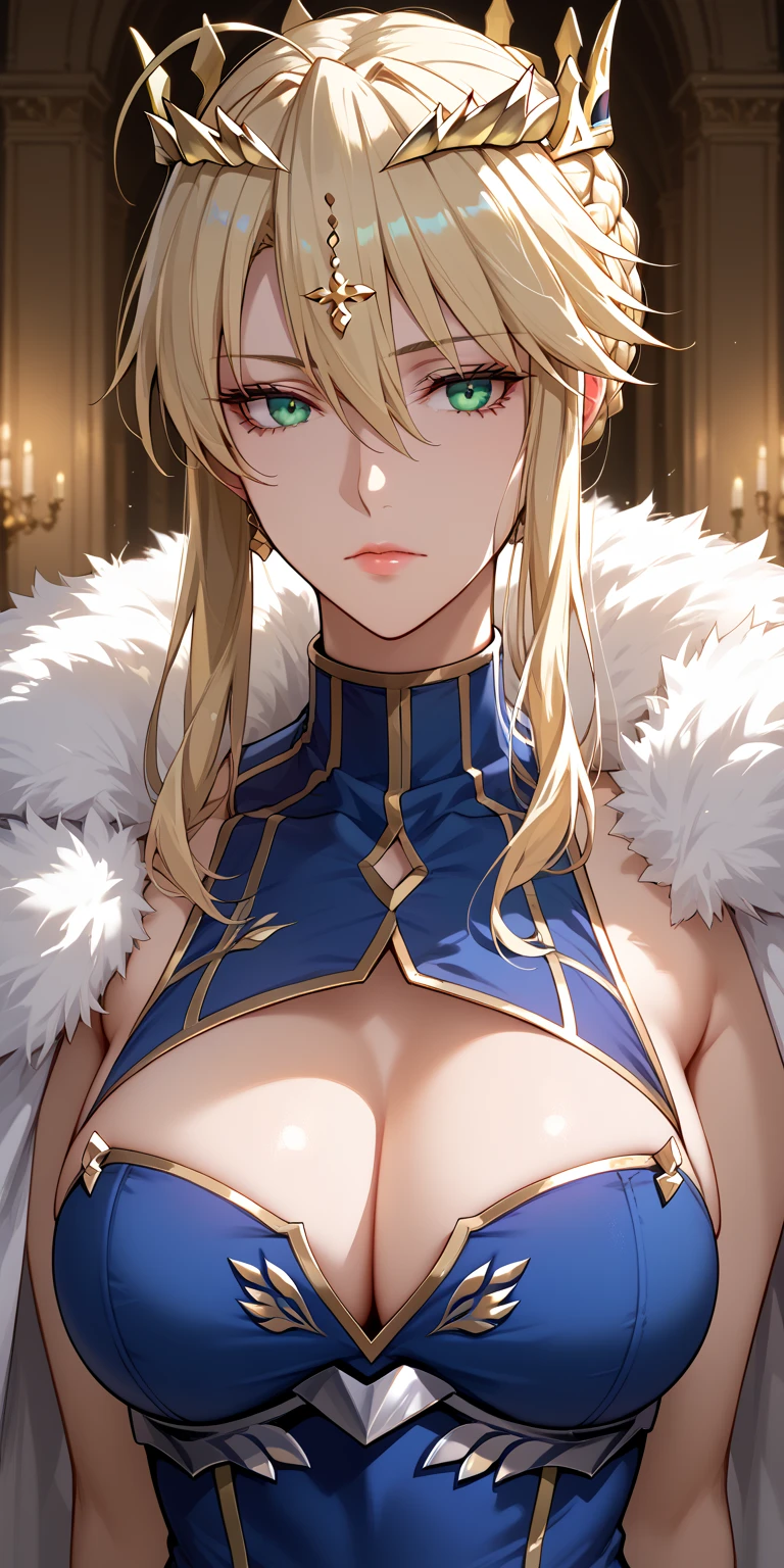 Score_9, Score_8_up, Score_7_up, Source_anime, anime art, very aesthetic, masterpiece, high quality, 1girl, mature female, blonde hair, braid, Artoria pendragon (lancer) (fate), expressionless, sleeveless blue leotard, cutout cleavage, curvaceous, upper body, cinematic lighting, stunning visual cg, dynamic angle