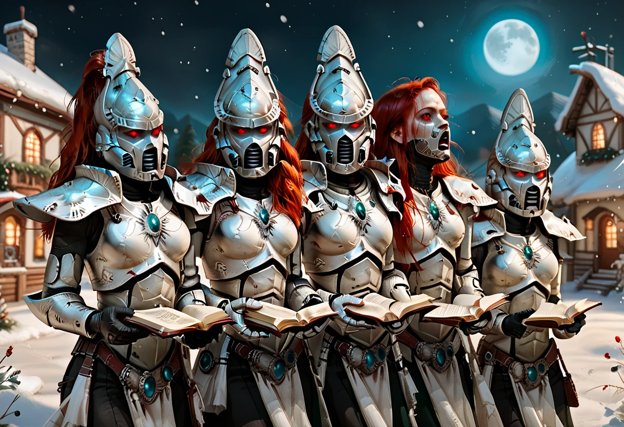 4girls, standing side-by-side, eldar, long red hair, white armor, helmet:1.5, howling banshee, rune, obscured face, mask, aeldari-il, armor, helmet, red eyes, glowing eyes, holding books, singing, shoulder to shoulder, christmas village, snow, outdoors, night