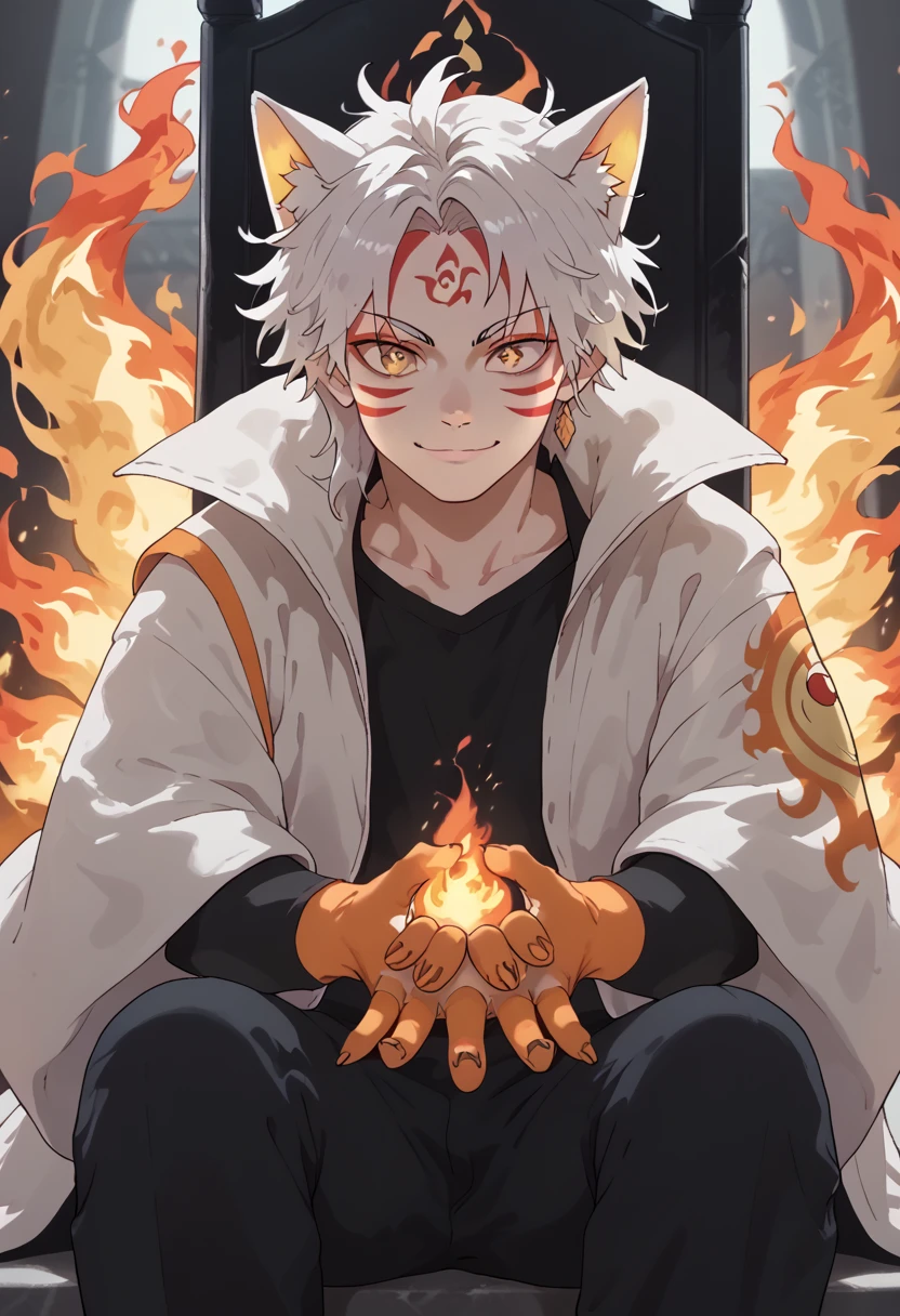 man, fiery hair, white skin, red face paint, anime style, fire powers, yellow cat eyes, white hair, cat-like third eye on forehead, orange hands, closed-mouth smile, messy hair, light white jacket, black top underneath, sitting on a throne, hands covered in fire, kitsune