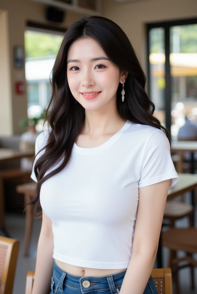 . The image is a digital graphic of a Thai woman. ,White skin and brown hair , Looking with a neutral face color . Smiling, seeing white teeth,, facial features including black eyes and a slight smile.. The background is a cafe, focusing attention on her face,, wearing a cropped T-shirt, round neck, short sleeves, white , Short Pencil Blue Denim Skirt, wearing white sneakers ,Random Pose ,Standing posture,