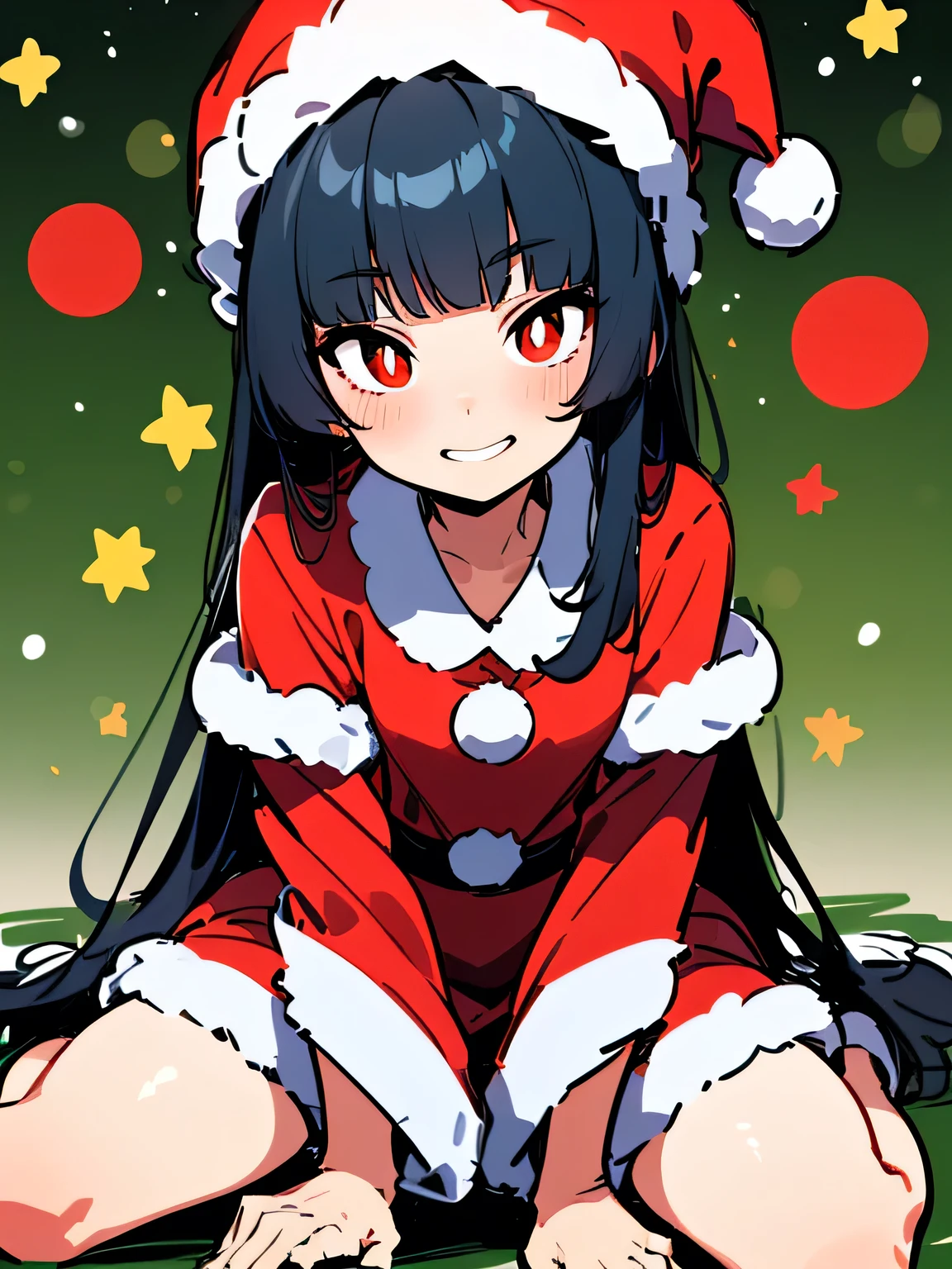 ( wariza), chibi,Alone,18years old,pokemon sabrina, black hair, long hair, bangs, (blunt bangs:1.5), (red eyes:1.5), hime cut, sidelocks, (bright pupils:1.5), (white pupils:1.5),smile,( Christmas:1.3),( Santa Claus costume),( Santa Claus hat), carnival party,(manga style),(sketch),(illustration),