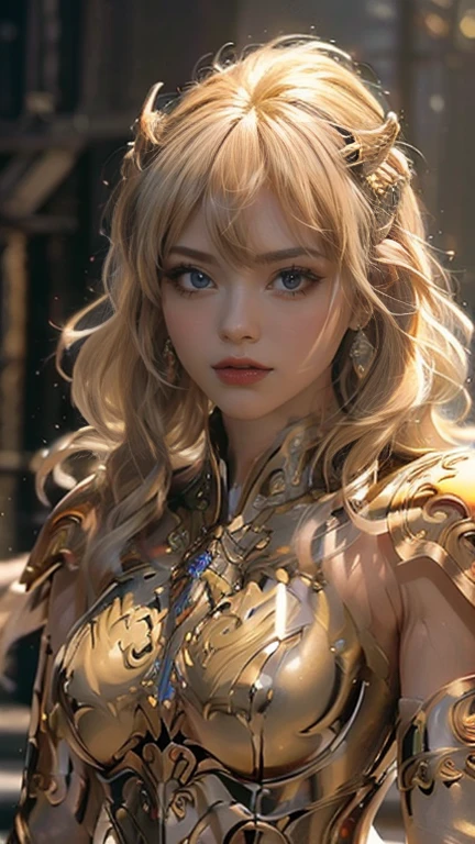 (( (masterpiece)，（ Very detailed CG unity 8k wallpaper）， best quality， movie lighting， Sensation  ， beautiful detailed eyes， Bright Eyes ，（ so delicate and beautiful），（ beautifully detailed eye depiction ）， Super - Details ，masterpiece， high res)), curly,   Richly Decorated Gold Armor, Beautiful female warrior, ( pixie cut :1.4,  platinum blonde hair ), Breast Cleft