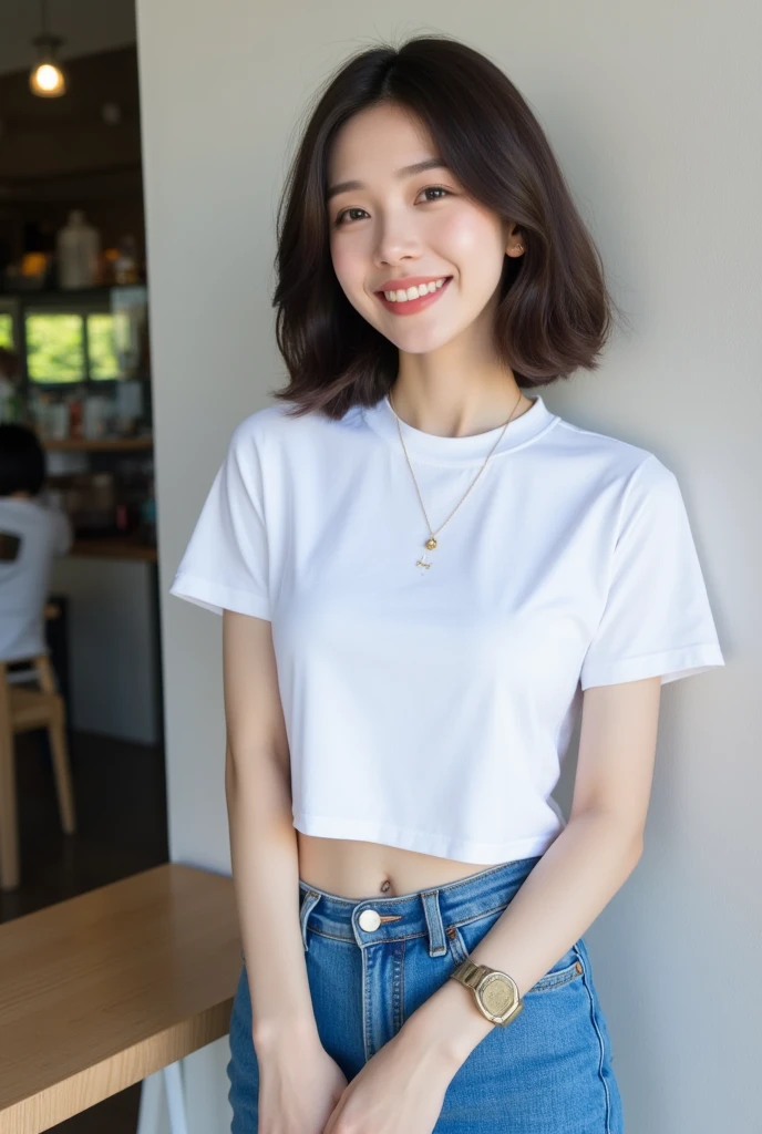 . The image is a digital graphic of a Thai woman. ,White skin and brown hair , Looking with a neutral face color . Smiling, seeing white teeth,, facial features including black eyes and a slight smile.. The background is a cafe, focusing attention on her face,, wearing a cropped T-shirt, round neck, short sleeves, white , Short Pencil Blue Denim Skirt, wearing white sneakers ,Random Pose ,Standing posture,