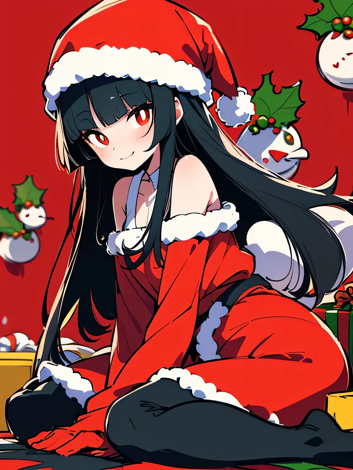 ( wariza),sideview,(looking at viewer), chibi,Alone,18years old,pokemon sabrina, black hair, long hair, bangs, (blunt bangs:1.5), (red eyes:1.5), hime cut, sidelocks, (bright pupils:1.5), (white pupils:1.5),smile,( Christmas:1.3),( Santa Claus costume),( Santa Claus hat), carnival party,(manga style),(sketch),(illustration),