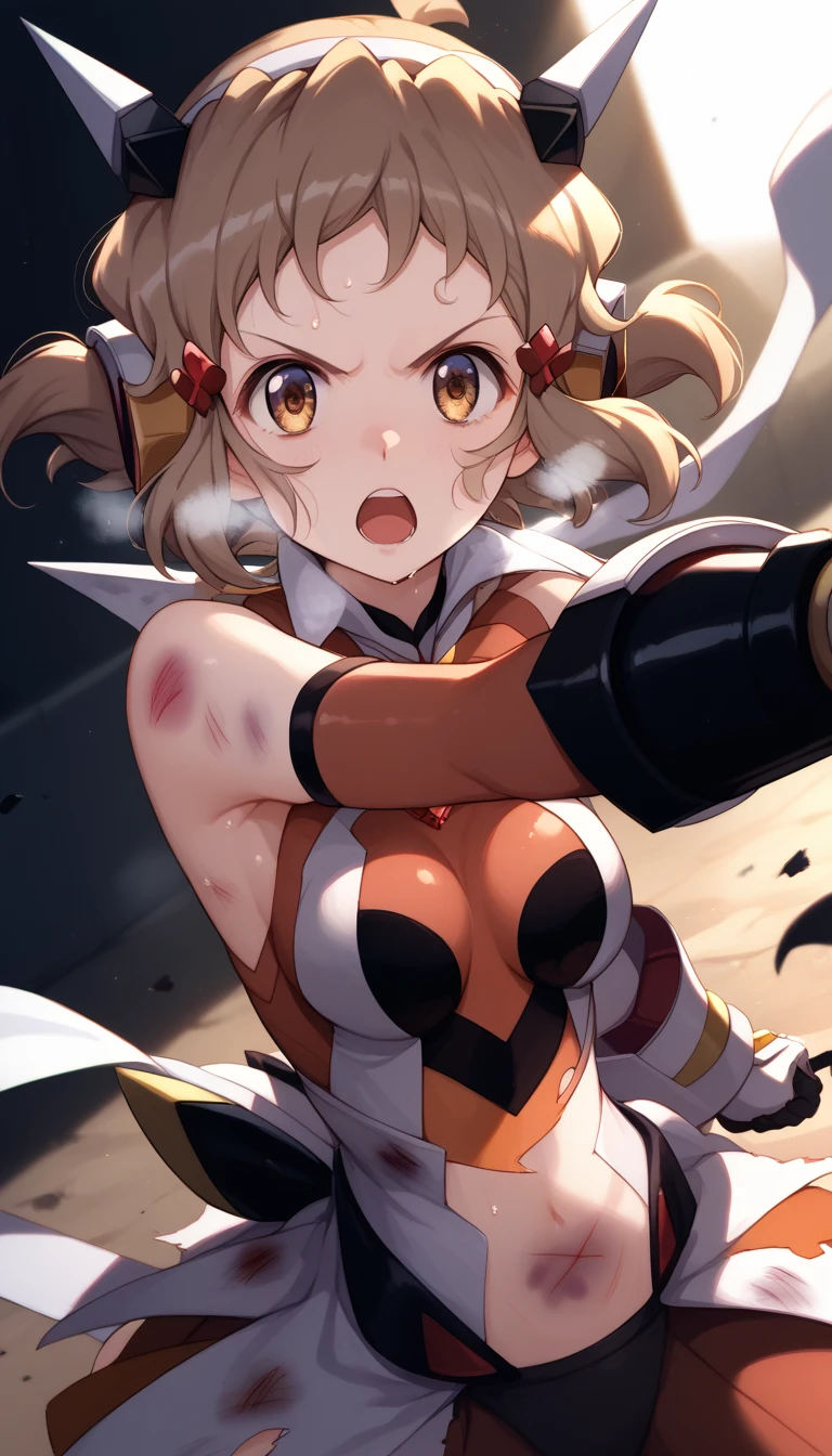  top quality ,  soft light during the cruise,  super high res,  cute, Beautiful face in every detail , high resolution details of human skin texture, shiny skin,sweat,Heat, white breath ,Take a deep breath,Hibiki Tachibana,Brown Hair,, battle costume,Outdoor Arena,sunlight, serious eyes,Ready,Big eyes, Symphogear ,armed gear , open mouth ,Fighting pose,bruised body, has a weapon , hair ornament, torn clothes ,Short Hair,