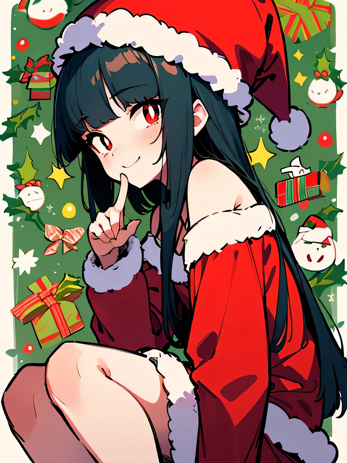 ( wariza),sideview,(looking at viewer), chibi,Alone,18years old,pokemon sabrina, black hair, long hair, bangs, (blunt bangs:1.5), (red eyes:1.5), hime cut, sidelocks, (bright pupils:1.5), (white pupils:1.5),smile,( Christmas:1.3),( Santa Claus costume),( Santa Claus hat), carnival party,(manga style),(sketch),(illustration),