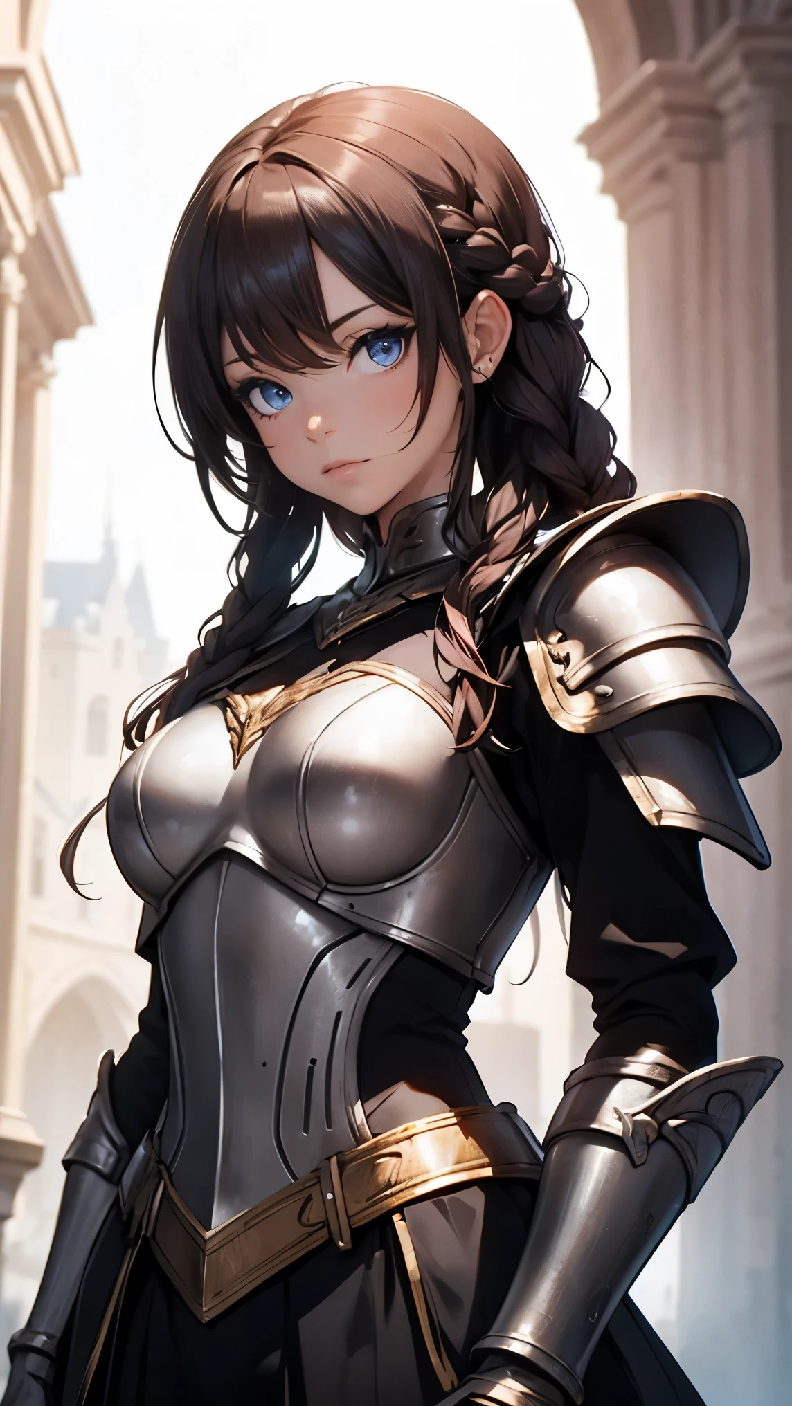 breasts, <lora:fcPerkyV3:1>, (masterpiece), (extremely intricate:1.3), (realistic), portrait of a girl, the most beautiful artwork in the world, (medieval armor), metal reflections, upper body, outdoors, intense sunlight, far away castle, professional oil painting of a stunning woman by Ed Blinkey and Atey Ghailan and Jeremy Mann and Greg Rutkowski, detailed, sharp focus, dramatic, award winning, matte drawing, cinematic lighting, octane render, unreal engine, volumetrics dtx