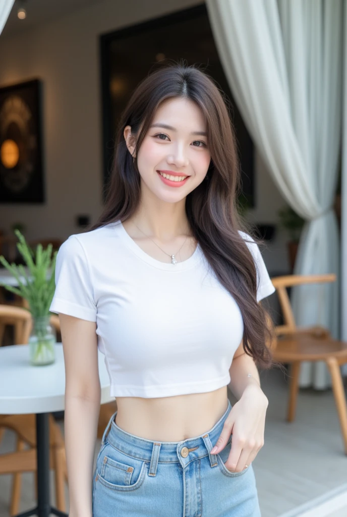 . The image is a digital graphic of a Thai woman. ,White skin and brown hair , Looking with a neutral face color . Smiling, seeing white teeth,, facial features including black eyes and a slight smile.. The background is a cafe, focusing attention on her face,, wearing a cropped T-shirt, round neck, short sleeves, white , Short Pencil Blue Denim Skirt, wearing white sneakers ,Random Pose ,Standing posture,